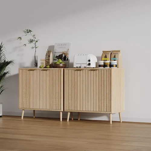 Miniatura 6 de Moderno armario de buffet acanalado con almacenamiento, consola de madera delgada de 31.5 pulgadas con puertas y estantes ajustables, armario