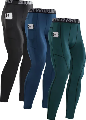 Miniatura 15 de SILKWORLD Paquete de 1 a 3 pantalones de compresión para hombre, con bolsillos, leggings de gimnasio y secado fresco