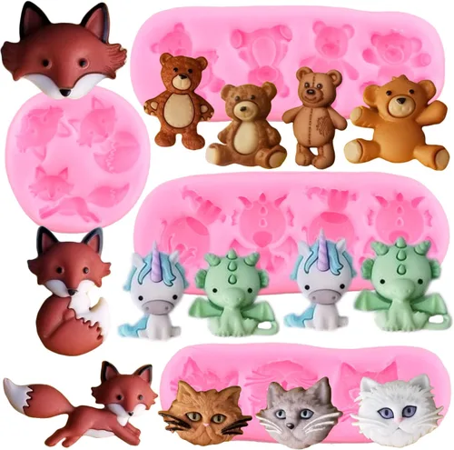 Mujiang Juego de 4 moldes para fondant de silicona con diseño de oso de unicornio y cabeza de gato, para pasta de goma de azúcar, caramelo,