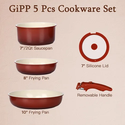 Miniatura 3 de GiPP Juego de 5 piezas de ollas y sartenes antiadherentes, juego de utensilios de cocina antiadherentes con mango desmontable, ollas de cerámica