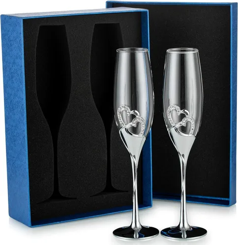 Miniatura 10 de Sziqiqi Juego de 2 copas de champán para boda, copas de flauta de tostado, con diamantes de imitación, decoración de corazones para bodas, Plata