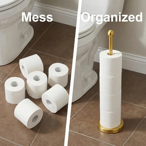 Miniatura 2 de Songtec Soporte de Papel Higiénico Dorado con Reserva, Soporte de Rollo de Papel de Pie para 4 Rollos, Diseño Compacto Almacenamiento de Papel