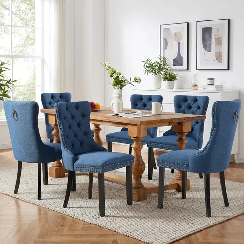 Miniatura 14 de SoarFlash Juego de 2 sillas de comedor de tela de lino, sillas de comedor tapizadas con ribete de cabeza de clavo y patas de madera de color claro
