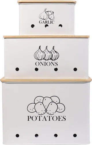 Miniatura 8 de Juego de 2 latas de almacenamiento de verduras de cocina, cebolla y papas con tapa de madera y agujeros de aireación, organizador de contenedor