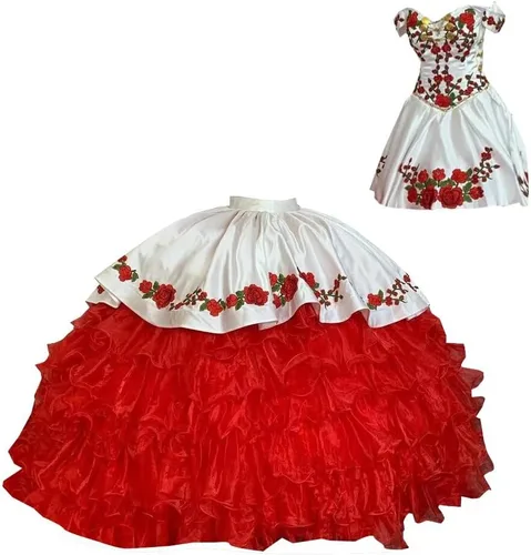 Adorno dorado 2026 Flores africanas rojas bordadas 2 en 1 vestido de fiesta vestidos de quinceañera fuera del hombro baile de graduación dulce 15 16