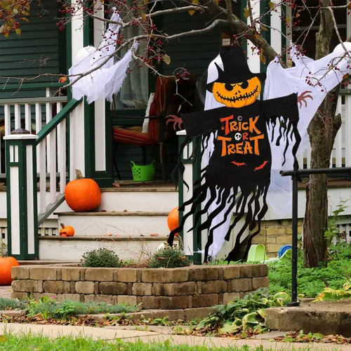 Miniatura 5 de Bandera de Jardín de Halloween para Exteriores Decoraciones al Aire Libre Impresas Doble Cara, Calabaza Fantasma Banderas de Patio para Invierno