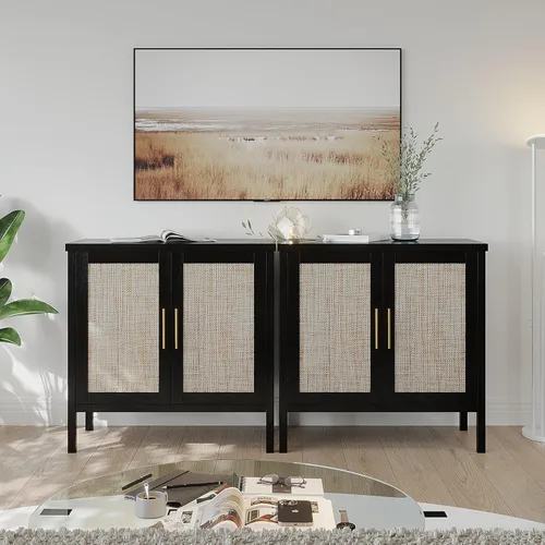 Miniatura 4 de VOWNER Gabinete de almacenamiento de ratán, aparador de buffet con puertas decoradas de ratán, armario para pasillo, entrada, sala de estar, 31.5