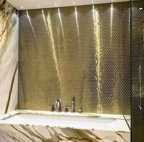 Miniatura 7 de Blujellyfish Azulejos de Backsplash Hexagonales Dorados de Metal Azulejos de Mosaico de Acero Inoxidable Cepillado/Brillante Cocina Baño Backsplash