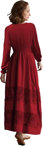 Miniatura 101 de Vestido largo de encaje para mujer de manga corta y cuello en V, vestido de fiesta estilo bohemio con cintura fruncida, vestido bohemio para mujer