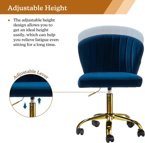 Miniatura 3 de TINA'S HOME Sillas de escritorio de oficina con ruedas y base dorada, moderna silla de oficina sin brazos de terciopelo linda, silla giratoria Azul