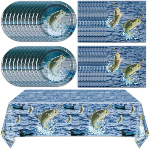 Decoraciones de fiesta de pesca Gone Fishing Juego de vajilla de pesca Platos de pesca cubiertos desechables para mesa Vajilla de pesca para True