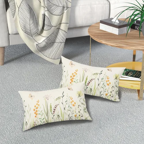 Miniatura 7 de Kawani Fundas de almohadón lumbar florales para primavera y verano de 12x20 pulgadas, flores silvestres amarillas y hojas verdes con mariposas