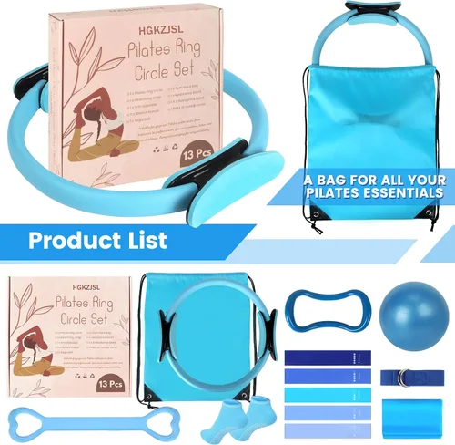 Miniatura 9 de Kit esencial de anillo de pilates para mujer, equipo de entrenamiento en casa con pelota de 9.8 pulgadas, bandas de resistencia, círculo mágico, Azul