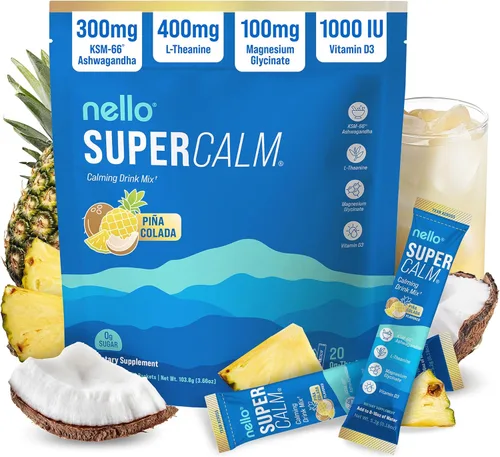 Miniatura 31 de Nello Supercalm - Mezcla de bebida en polvo, reductor de cortisol y ayuda para dormir, L Teanina, Ashwagandha Ksm-66, Magnesio Glicinato, Vitamina