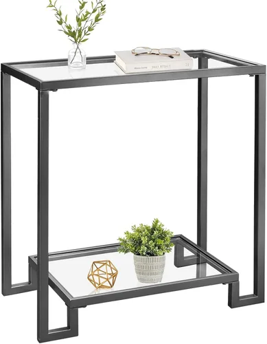 Miniatura 12 de Mesa auxiliar rectangular de 2 niveles, mesa auxiliar dorada con parte superior de cristal, mesa de centro moderna de metal transparente, mesa Dorado