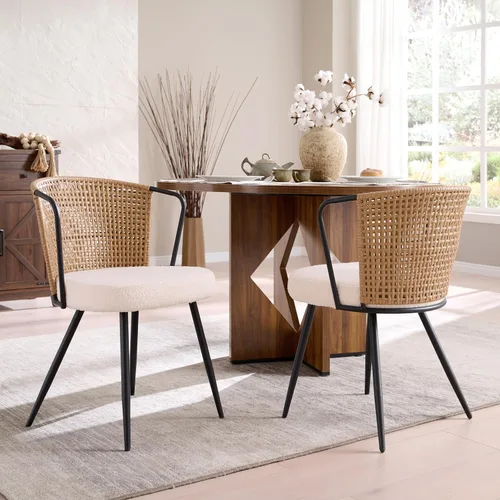 Miniatura 10 de BedsPick Juego de 4 sillas de comedor de ratán, sillas de cocina de ratán de polietileno tapizadas de granja con cojín de bucle, asiento de comedor
