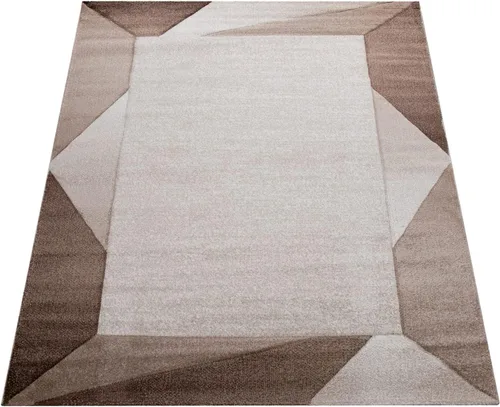 Miniatura 4 de Alfombra moderna con bordes geométricos en marrón beige con corte de contorno, tamaño: 5'3" x 7'7
