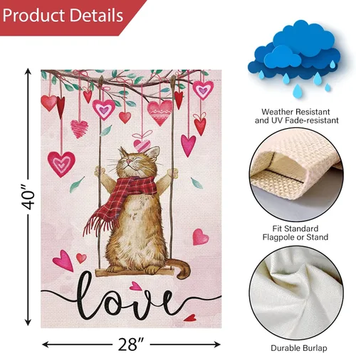 Miniatura 4 de Louise Maelys Bandera de casa de 28 x 40 pulgadas, doble cara, gran arpillera de bienvenida de gato, primavera, jardín, patio, corazón de amor