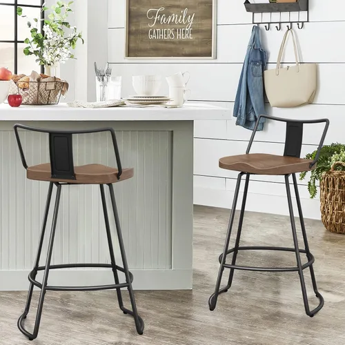 Miniatura 6 de Taburetes de bar giratorios de 24 pulgadas con respaldo, juego de 2 sillas de bar de metal con asiento de madera, taburetes de bar industriales