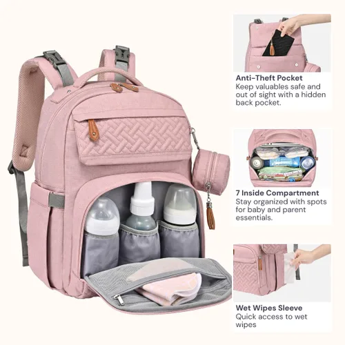 Miniatura 6 de BabbleRoo Mochila para pañales – Bolsa de pañales grande de viaje para bebé con cambiador, bolsas de bebé impermeables para mamá y papá, bolsas Rosa
