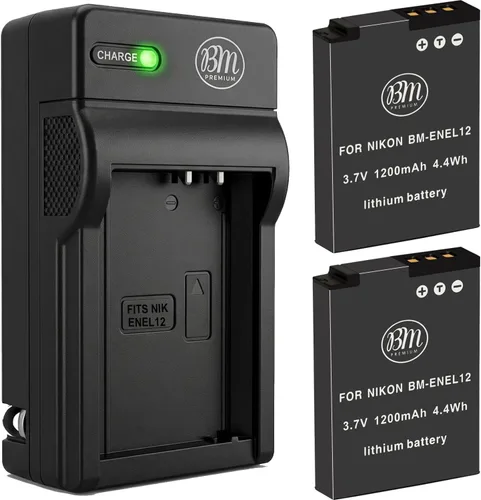 BM Premium 2 EN-EL12 Baterías y cargador para Nikon Coolpix A1000 B600 W300 A900 AW100 AW110 AW120 AW130 S6300 S8100 S8200 S9050 S9200 S9333 32 S9