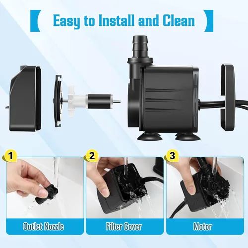 Miniatura 6 de Bomba de agua sumergible de 45 W 2700 l/h para fuente con luz, elevación de 8.86 pies, bomba de fuente ultra silenciosa con 3 boquillas
