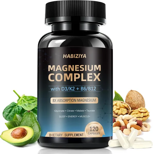 Suplemento complejo de magnesio de 600 mg con cápsulas de alta absorción con vitaminas D3 K2 MK7 y B con glicinato, citrato y malato, relajación de
