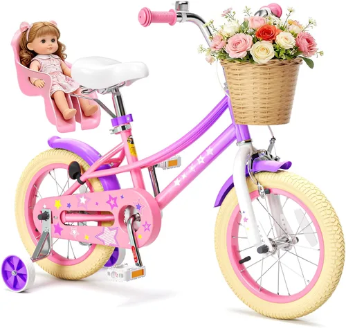 Miniatura 19 de Glaf Bicicleta para niñas de 12, 14, 16, 20 pulgadas, con ruedas de entrenamiento para niños de 2 a 12 años, bicicleta con cesta y asiento