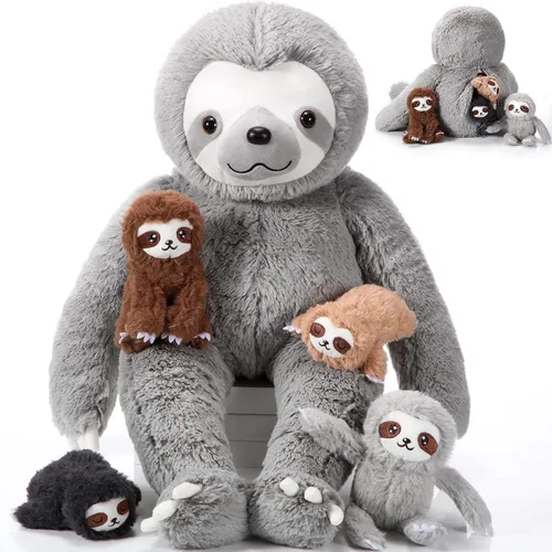 Miniatura 8 de Kasyat Juego de 5 juguetes de peluche de perezoso de 13 pulgadas con 4 lindos peluches de bebé en vientre con cremallera para niños, regalos