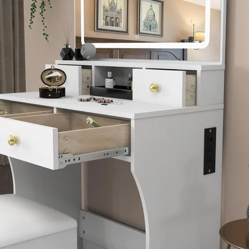 Miniatura 5 de Panana Juego de escritorio de tocador con espejo iluminado LED ajustable, tocador de maquillaje para niñas con taburete y 4 cajones