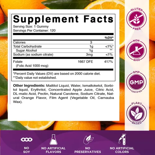 Miniatura 2 de Vitamatic Gomitas de ácido fólico 1000 mcg (1 mg), vitaminas prenatales esenciales para mamá y bebé, gomitas veganas de vitamina B9-120 (2)