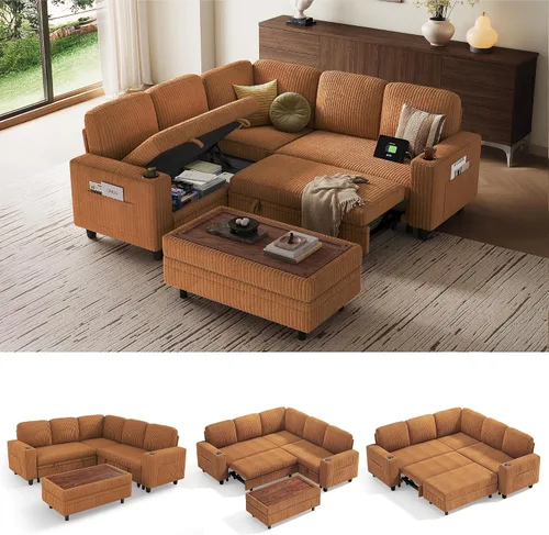Miniatura 39 de LINSY HOME - Sofá cama extraíble modular con sección para dormir, con almacenamiento, sofá seccional de pana mullida para sala de estar, sofá cama