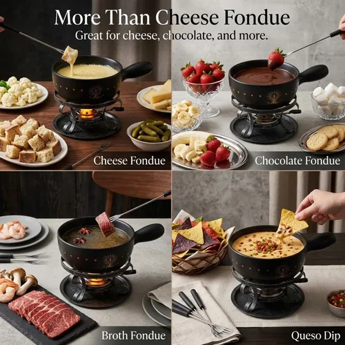 Miniatura 4 de Artestia Juego de ollas de cerámica para fondue de 2.11 cuartos de galón, soporte de metal con 6 tenedores de fondue y patrón de Alpes suizos