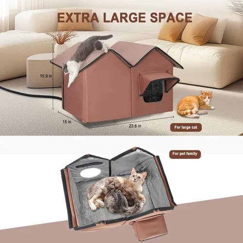 Miniatura 4 de Casa grande para gatos con calefacción para exteriores en invierno, casa elevada impermeable para gatos al aire libre con almohadilla térmica, casa