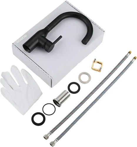Miniatura 7 de WOWOW Grifo de baño negro - Mezclador de lavabo de arco alto para fregadero de barra de acero inoxidable con mangueras de suministro