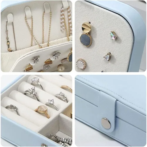 Miniatura 3 de Yiluana Joyero de viaje portátil para aretes, anillos, collares, pulseras, organizador de joyas pequeño con botón (azul claro)