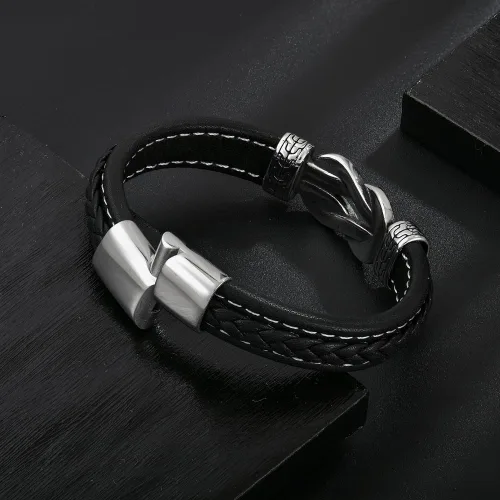 Miniatura 3 de Pulsera de cuero con nudo infinito para hombre, acero inoxidable, negromarrón, cuero genuino, trenzada, pulsera de joyería para hombres, padre