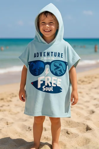 Miniatura 3 de Toalla de poncho de playa con capucha para niños, 100% algodón turco en el interior y microfibra de secado rápido en el exterior - Suave y Dinosaurio