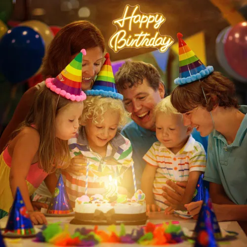 Miniatura 6 de Letrero de neón con texto en inglés «Happy Birthday», «Happy Birthday» con luz LED para telón de fondo, cumpleaños, cualquier edad, decoración