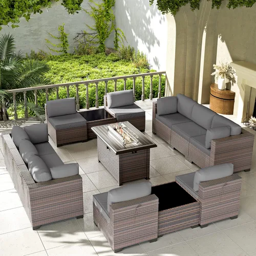 Miniatura 22 de Kullavik Juego de 13 muebles de patio al aire libre con mesa de fogata de gas propano de 43 pulgadas, 55000 BTU, mimbre de polietileno, sofá Arena