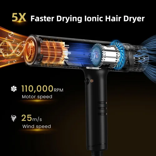 Miniatura 2 de Secador de pelo iónico con difusor, secado rápido, con pantalla LCD y tecnología de limpieza automática, 4 ajustes de calor y 3 velocidades, diseño