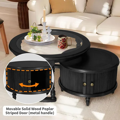 Miniatura 6 de LKTART Mesa auxiliar anidable para sala de estar, mesas de centro redondas de madera maciza de vidrio templado con almacenamiento, mesa central