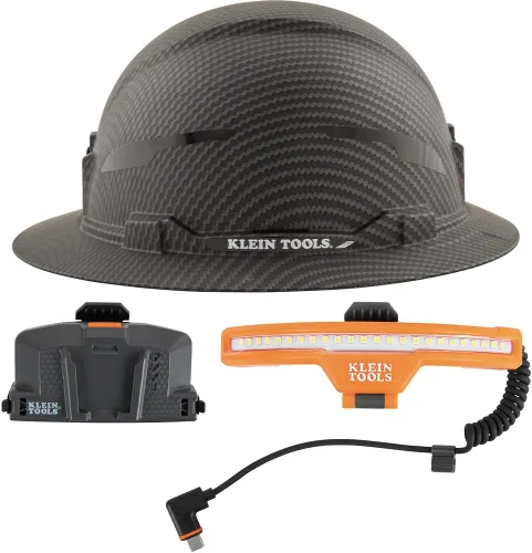 Miniatura 16 de Klein Tools 60346 Casco de seguridad, ala completa sin ventilación, clase E, patrón KARBN premium, lámpara recargable, banda para el sudor acolchada