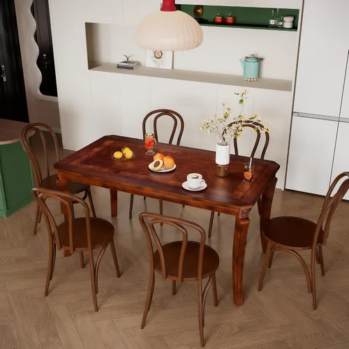 Miniatura 3 de PADMA HOUSE Mesa de comedor tradicional de madera maciza para 6, 59 pulgadas de largo, mesa rectangular de madera con patas curvas, escritorio