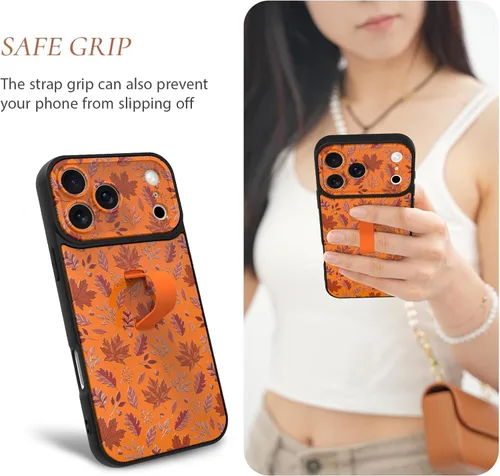 Miniatura 3 de Funda compatible con iPhone 17 Pro con correa de mano para los dedos, bonita funda de teléfono de otoño con hojas de arce para mujeres y hombres
