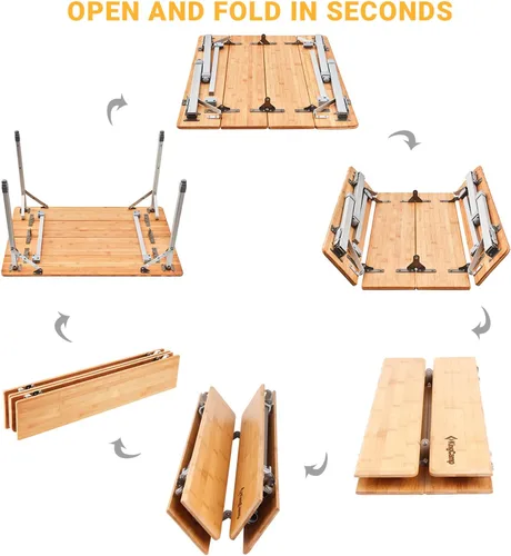 Miniatura 5 de KingCamp Mesa de camping plegable de bambú estable ligera Mesas plegables al aire libre de bambú Picnic portátil de altura ajustable