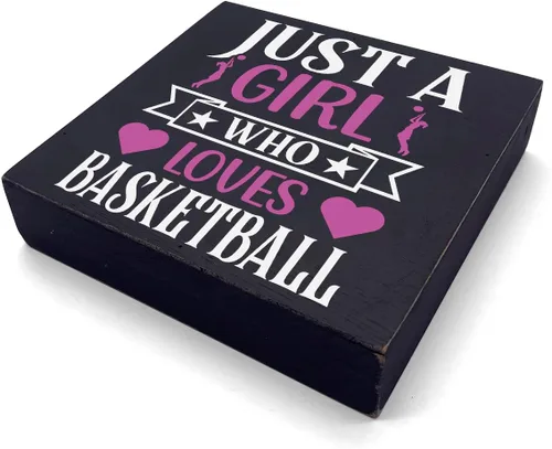 Miniatura 2 de HTBIG Funny Just a Girl Who Loves Basketball Box Sign Rustic Basketball Lovers Wood Box Sign Art Home Girl Bedroom Shelf Desk Decor 5 x 5 pulgadas