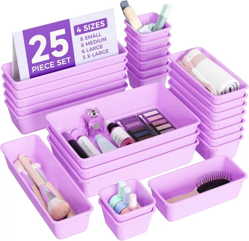 Miniatura 10 de BiuLeon - Juego de 25 organizadores de cajones de plástico, 4 tamaños, organizador de tocador y maquillaje, bandejas organizadoras para cajones