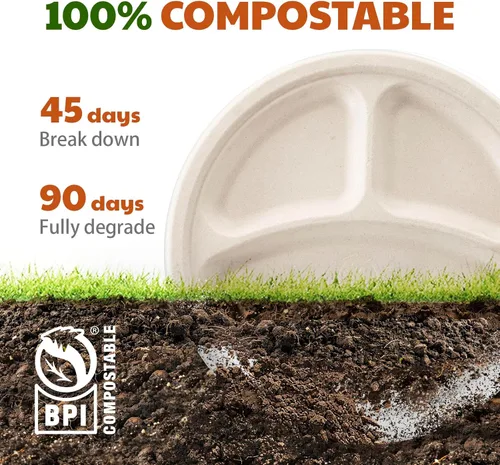 Miniatura 4 de Platos de papel compostables de 3 compartimentos, 125 unidades, 10 pulgadas, bandejas divididas desechables resistentes para el almuerzo, platos