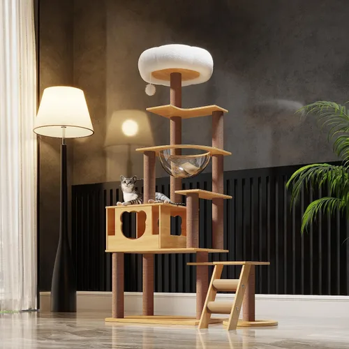 Miniatura 11 de Árbol de gato de 67 pulgadas para gatos de interior y adultos, torre de árbol para gatos con condominio, escaleras para gatos, 2 cuencos, 14 postes